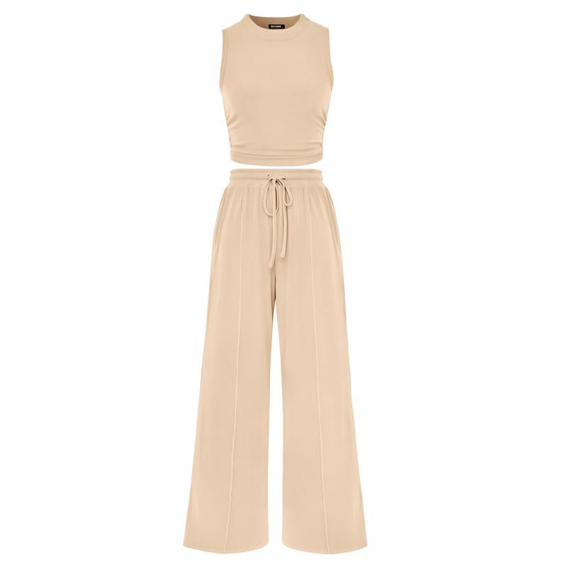 Women's Summer 2-Piece Outfits - Ribbed Knit Crew Neck Sleeveless Cropped Top & Wide Leg Pants Lounge Set