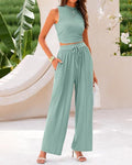 Women's Summer 2-Piece Outfits - Ribbed Knit Crew Neck Sleeveless Cropped Top & Wide Leg Pants Lounge Set