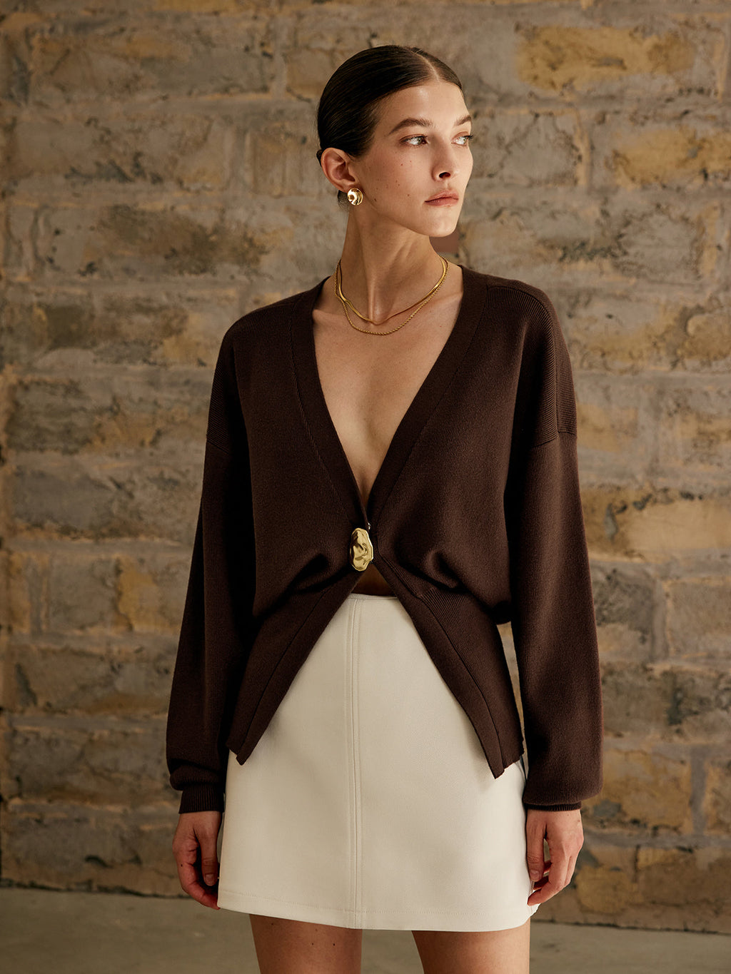 Golden Button Plain Cardigan Sweater