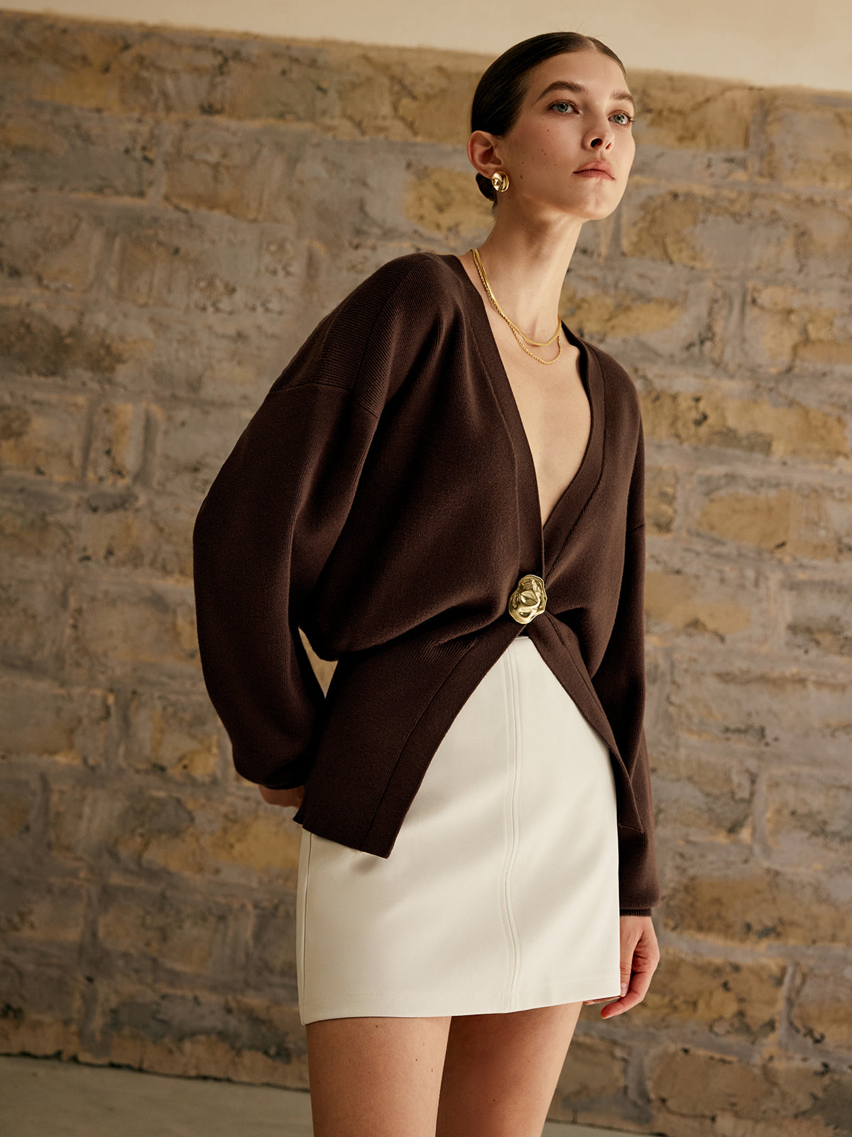 Golden Button Plain Cardigan Sweater