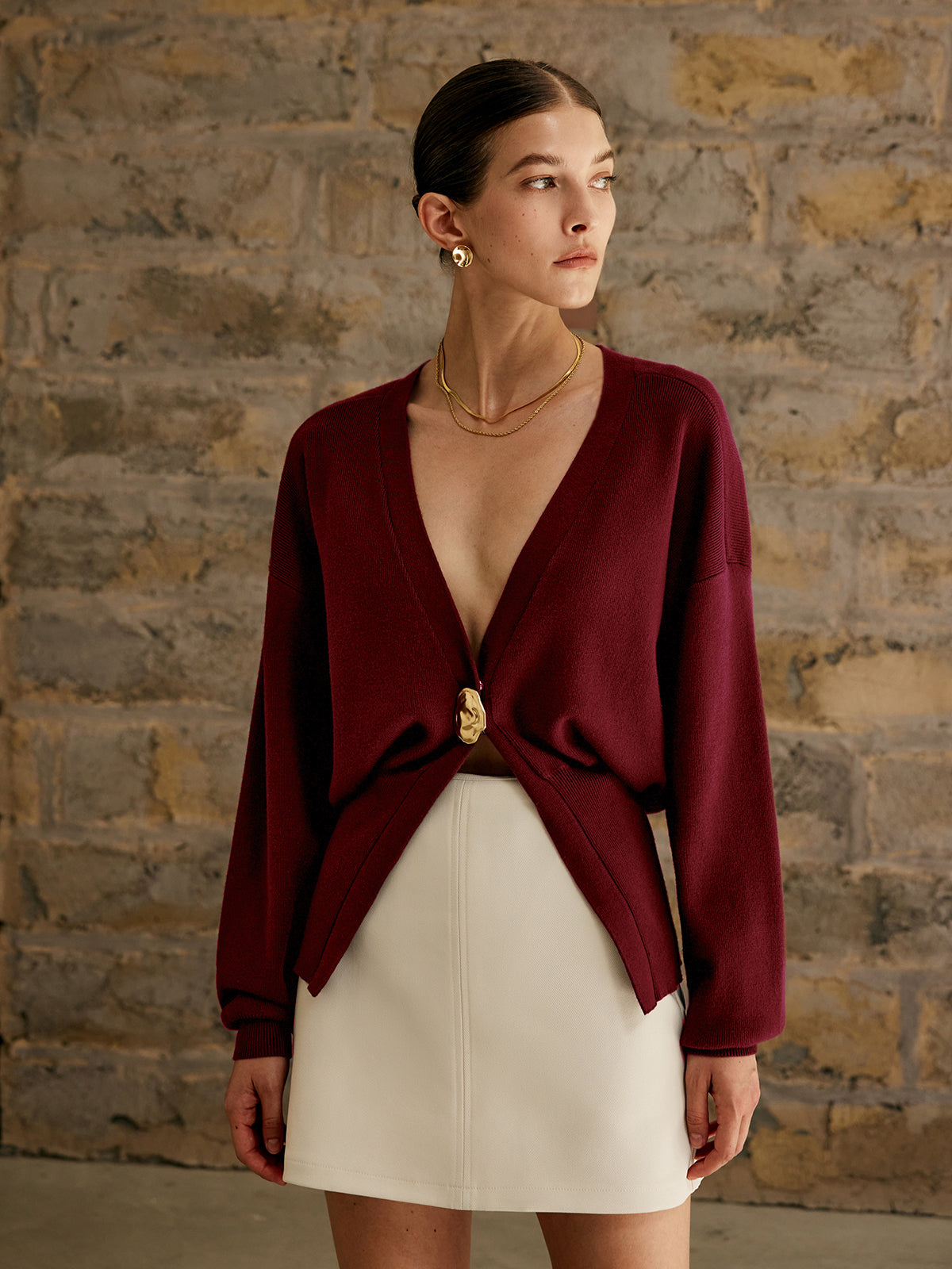 Golden Button Plain Cardigan Sweater