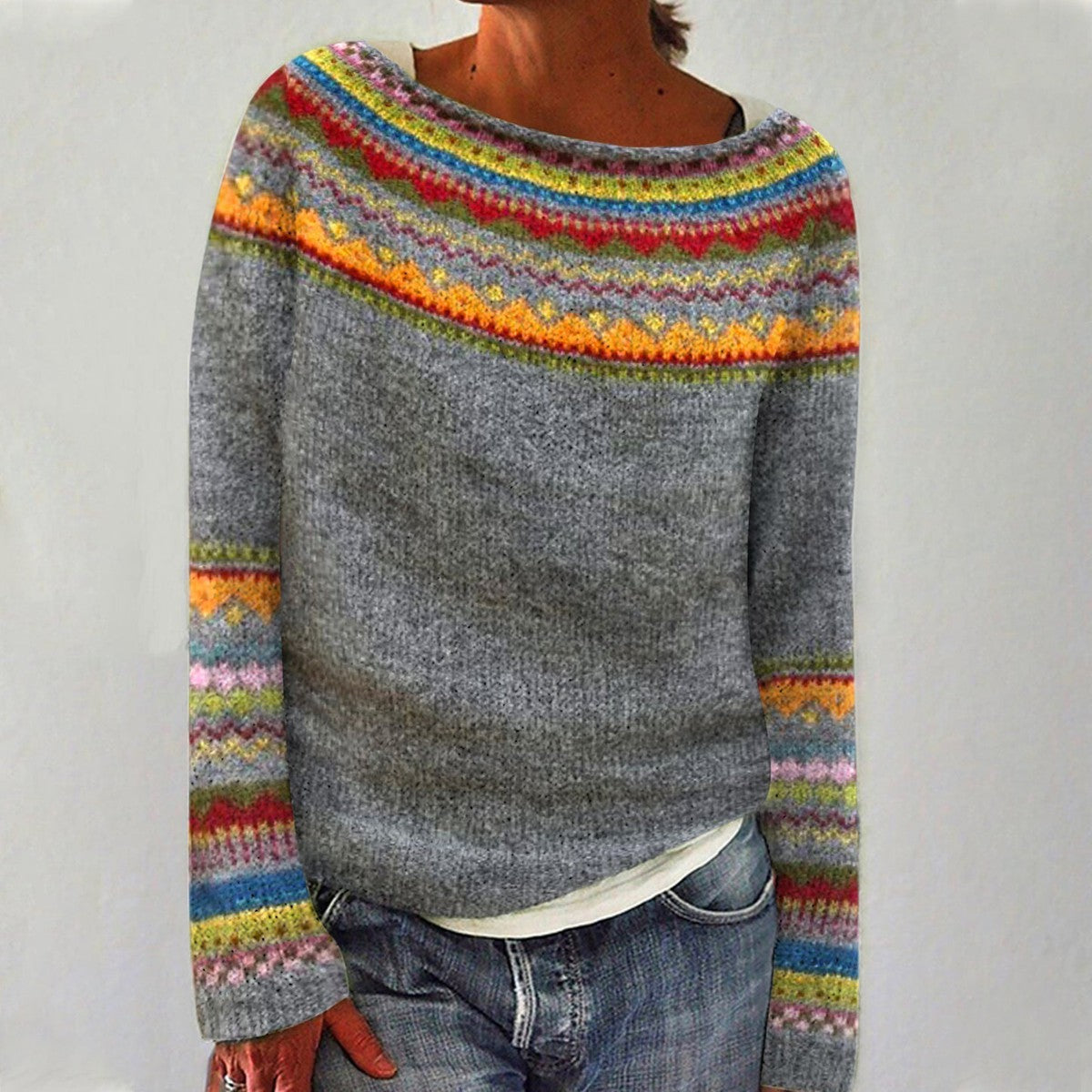 Multicolored Patterned Gray Wool Sweater for Women